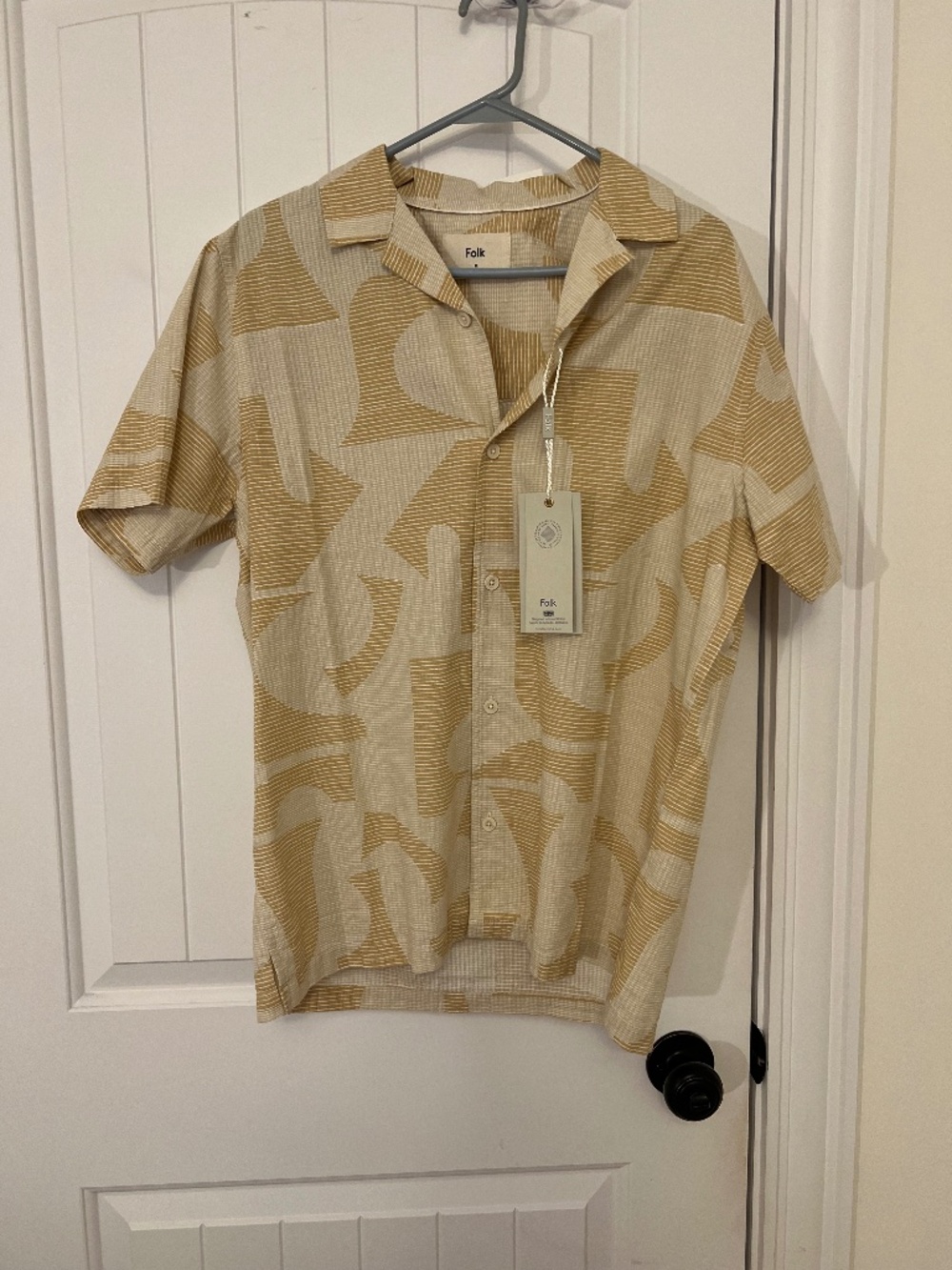 Folk Beige and Mustard Abstract Short Sleeve Button-Up Shirt